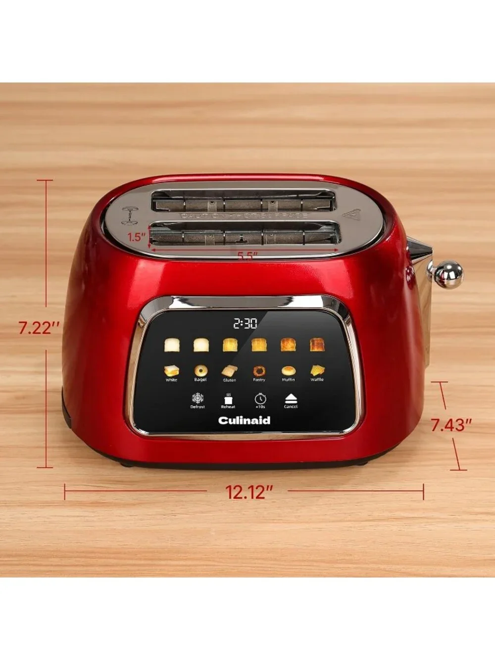 2 Slice Red Touch Screen Retro 1.5'' Extra Wide Slot Stainless Steel Toaster